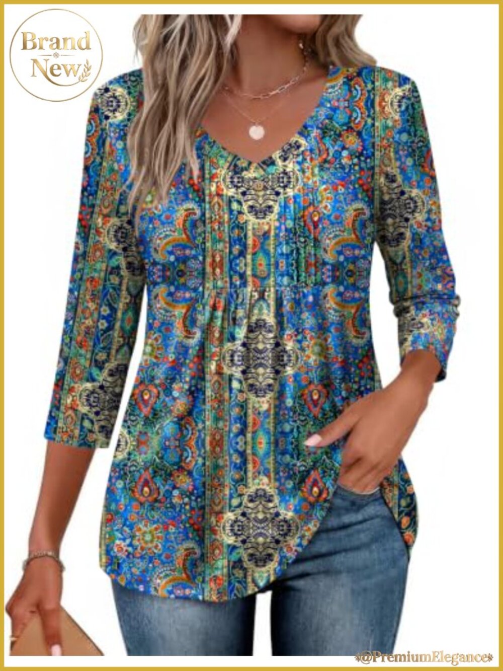 Women's V Neck 3/4 Sleeve Pleated Blouse Casual Loose Fit Top